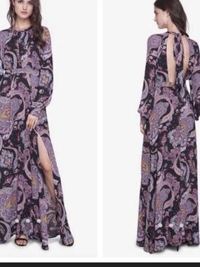 Express Purple and Black Paisley Open-Back Maxi Dress